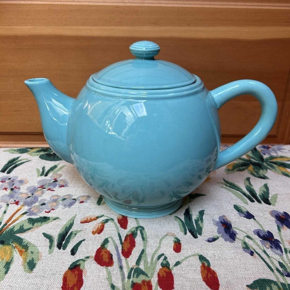 VTG 90 Cracker Barrel Turquoise Round Ceramic Teapot Cottage Core Farm Tea Party